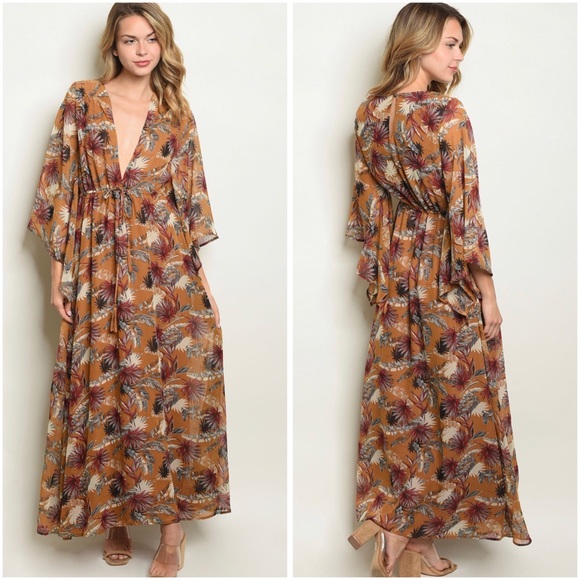 1 SM LEFT Camel leaf print v neckline maxi… - Picture 3 of 4